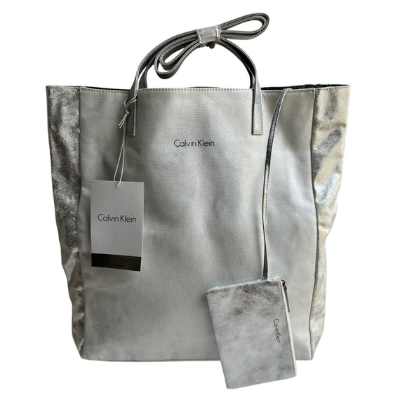 Calvin Klein Large Coated Canvas Tote Bag w/ Silvery Change/ Make-up Bag NWT - Picture 1 of 8